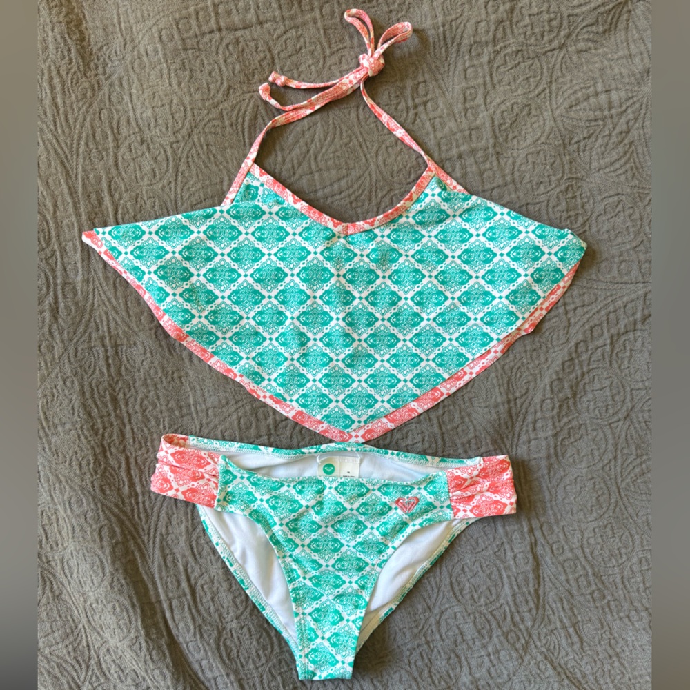 Roxy Girl (16) Teal and Coral Bikini Set